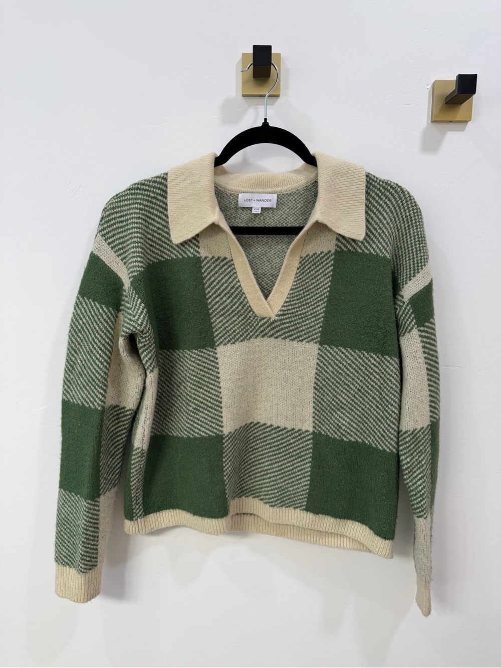 Lost + Wander Green and Cream Plaid V‑Neck Collared Sweater